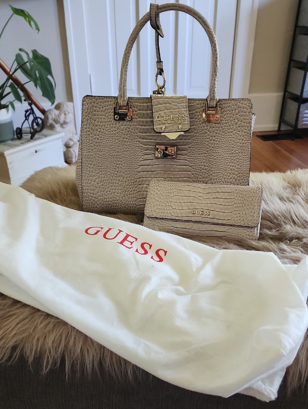 GUESS Taupe Croc-Embossed Satchel with Matching Wallet